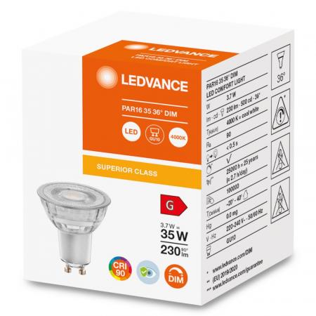 Ledvance GU10 LED Strahler PAR16 36° dimmbar 4000K 3,7W wie 35W neutralweißes Licht 90Ra - Stark reduzierter Blauanteil